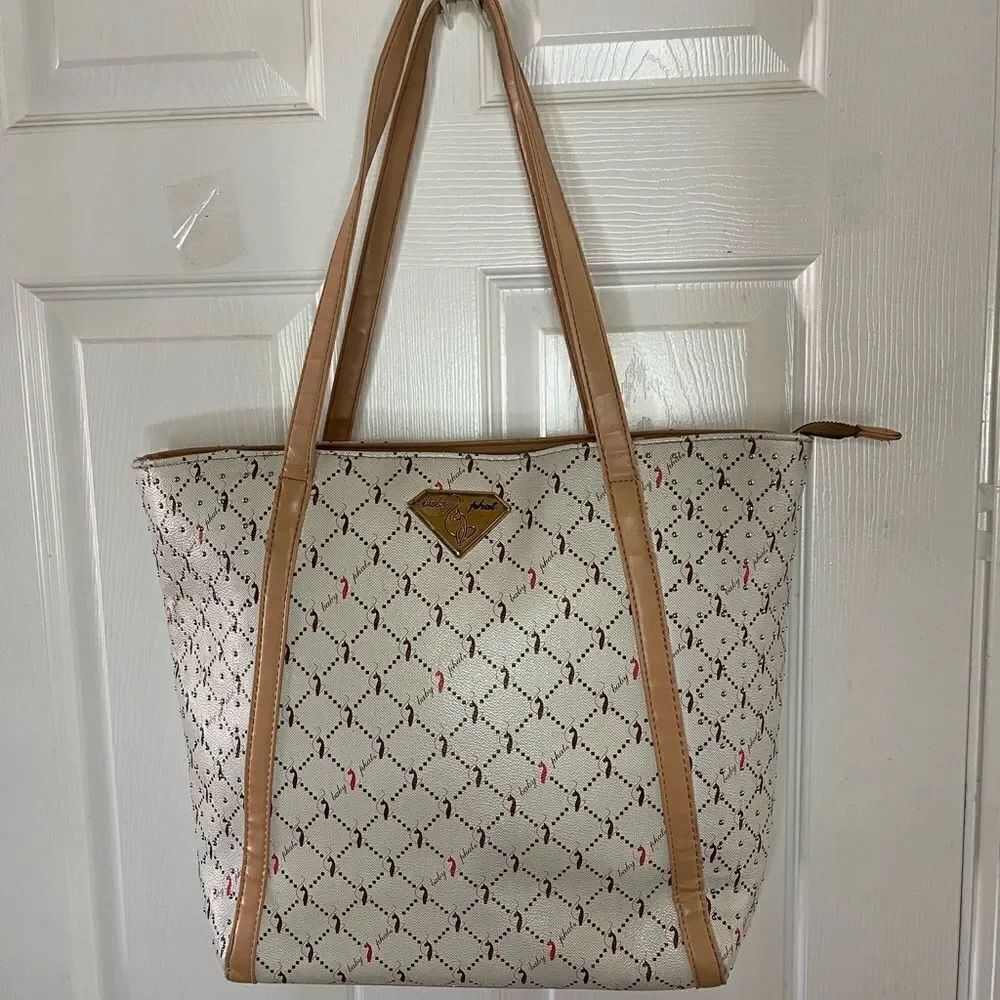 Babyphat beige logo brown & orange large tote with tan traps studs accents